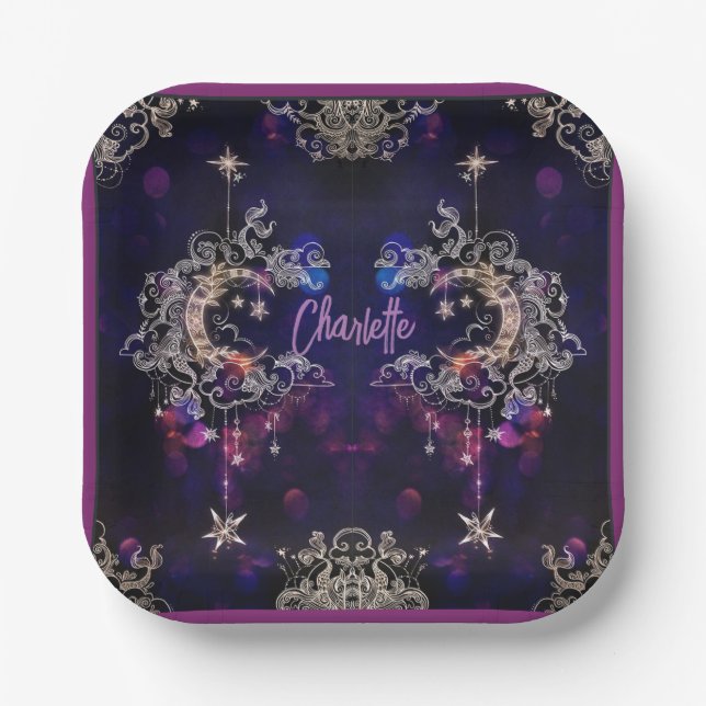 Boho Stars & Moon Purple Add Name Birthday Paper Plate (Front)