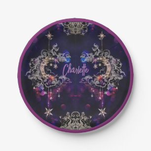 Boho Stars & Moon Purple Name Birthday Party Paper Plate