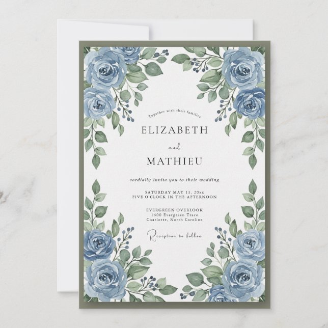 Boho Steel Periwinkle Wreath Wedding Invitation (Front)