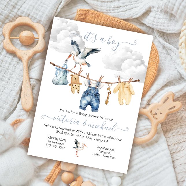 Boho Stork Baby Shower Clothesline Invitation (Creator Uploaded)