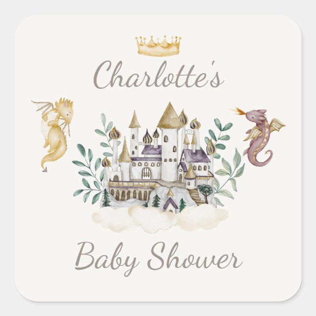 Boho Storybook Dragon Baby Shower Favour Square Sticker (Front)