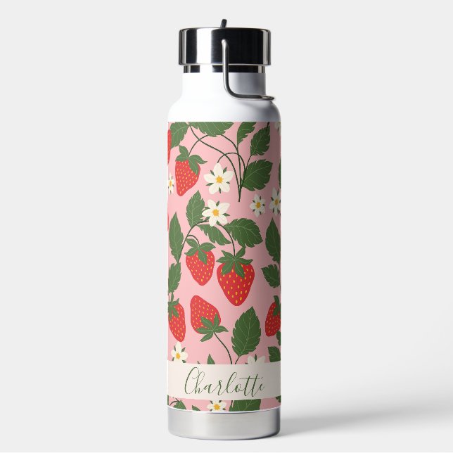 Boho Strawberries Greenery Pink Personalised Name Water Bottle (Left)