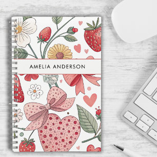 Boho Strawberry Coquette Floral Girly Pink Notebook