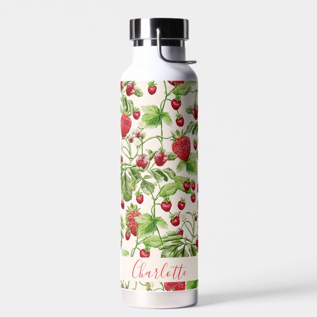 Boho Strawberry Fruit Greenery Personalised Name Water Bottle (Left)