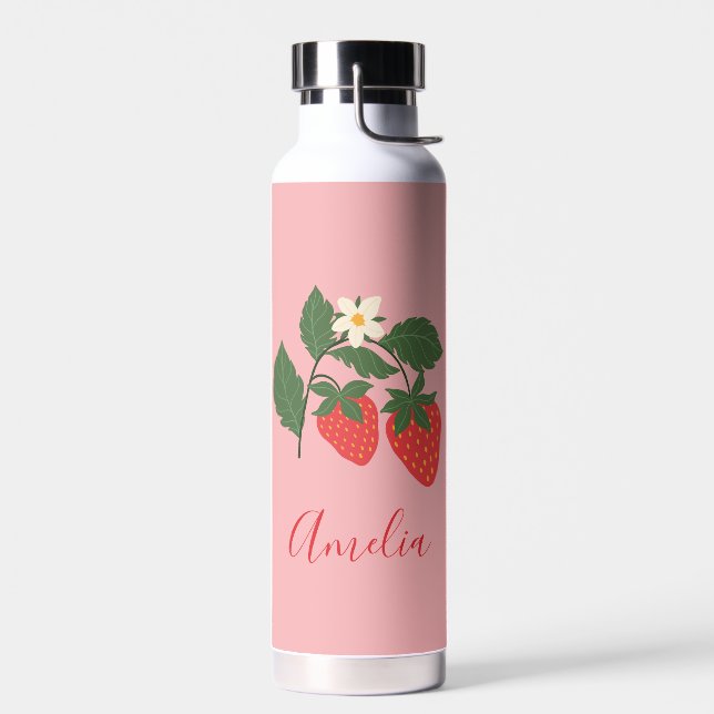 Boho Strawberry Fruit Pink Personalized Name Water Bottle (Left)