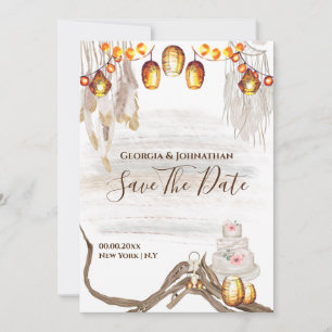 Boho string lights macrame feathers cake chic save the date