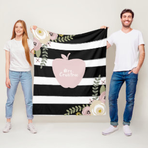 Boho Stripes Dusty Floral Pink Apple Teacher Fleece Blanket