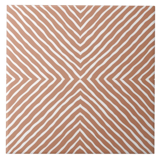 Boho Stripes Pattern (Terracotta and White) Ceramic Tile (Front)