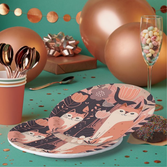 Boho Style Cats and Flowers Pink Birthday Party Paper Plate (Multi)