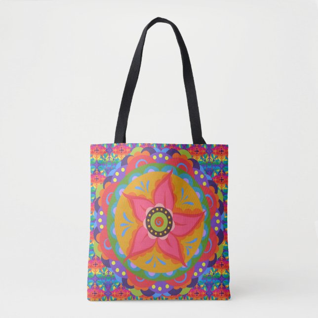 Boho Style | Coral Floral Motif Tote Bag (Front)