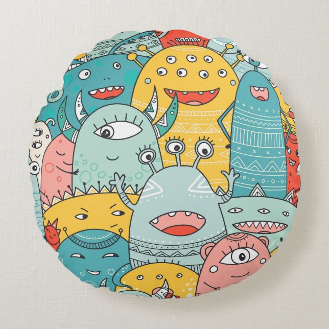 Boho style cute monsters, seamless. round cushion (Front)