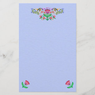 Boho Style Floral Border on Light Blue Stationery