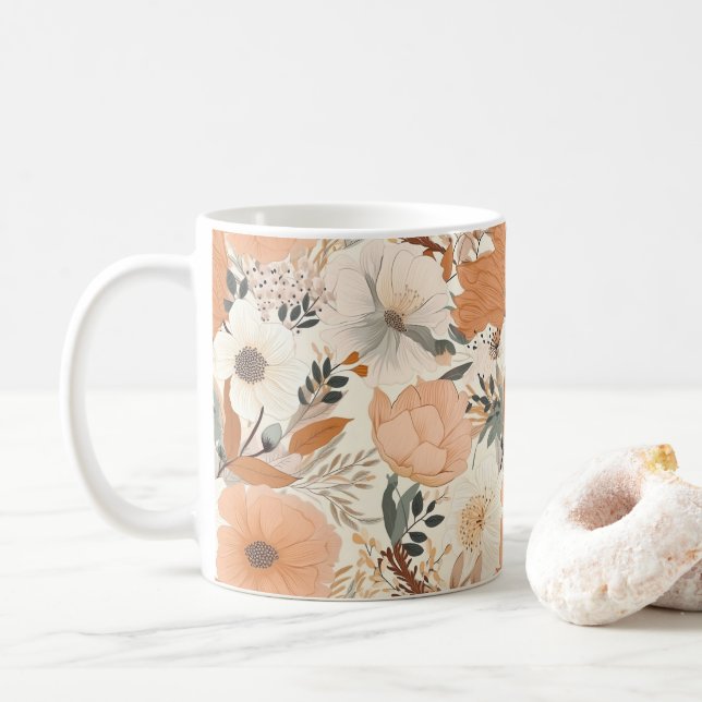 Boho style flowers pattern light colours coffee mug (With Donut)