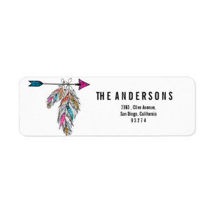 boho style ornamental feathers hanging return address label
