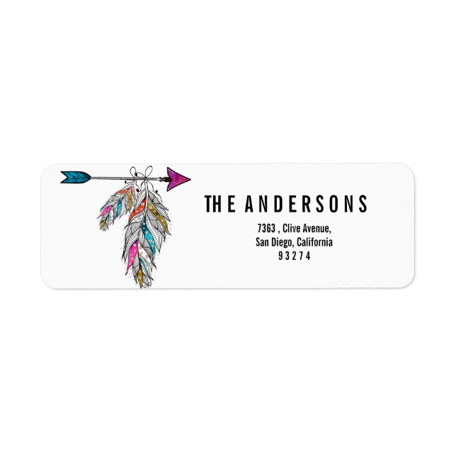 boho style ornamental feathers hanging return address label (Front)