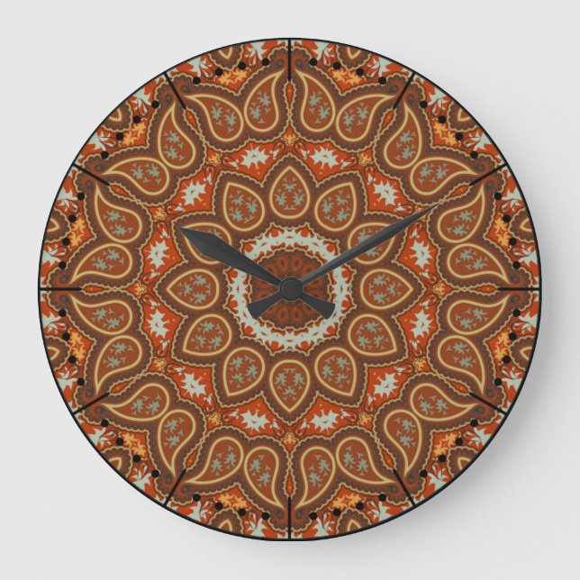 Boho Style Paisley Kaleidoscope Acorn Brown Large Clock (Front)