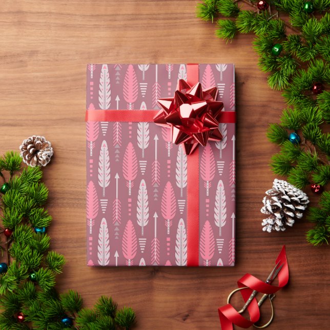 boho style retro ethnic feather pink pattern wrapping paper (Holiday Gift)