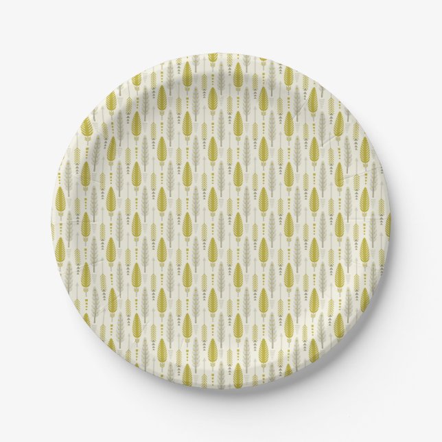 boho style retro ethnic feather yellow pattern paper plate (Front)