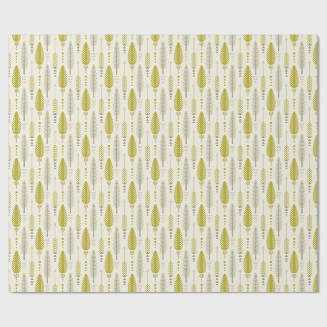 boho style retro ethnic feather yellow pattern wrapping paper (Flat)