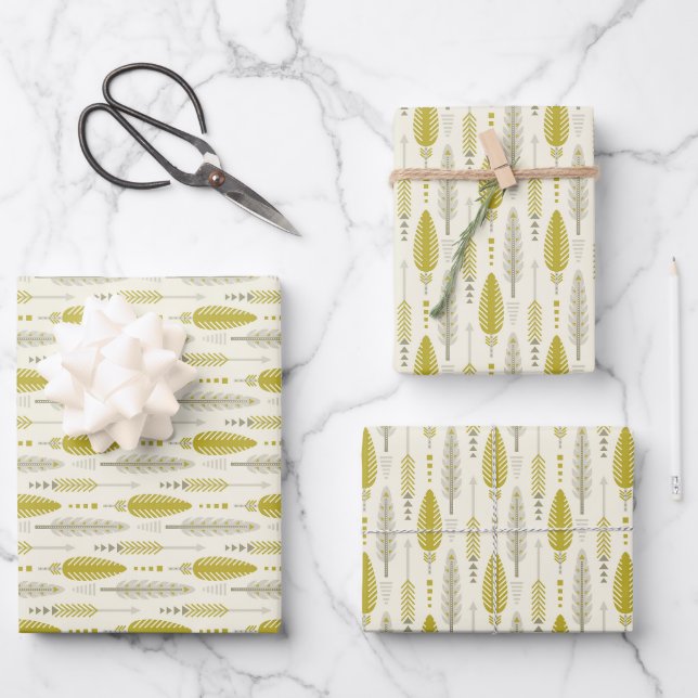 boho style retro ethnic feather yellow pattern wrapping paper sheet (Front)