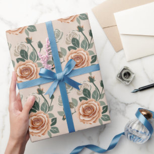 Boho Style Roses In Pastel Orange And Sage Green  Wrapping Paper
