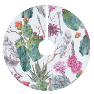 Boho Style, Vintage Cactus Watercolor. Brushed Polyester Tree Skirt