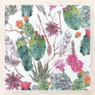 Boho Style, Vintage Cactus Watercolor. Glass Coaster