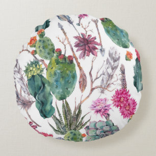 Boho Style, Vintage Cactus Watercolor. Round Cushion
