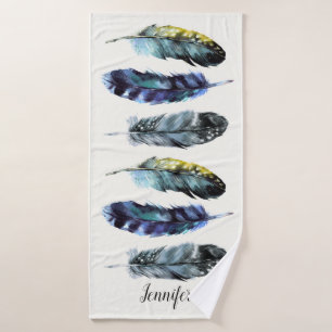 Boho Style Watercolor Feathers Personalised Bath Towel
