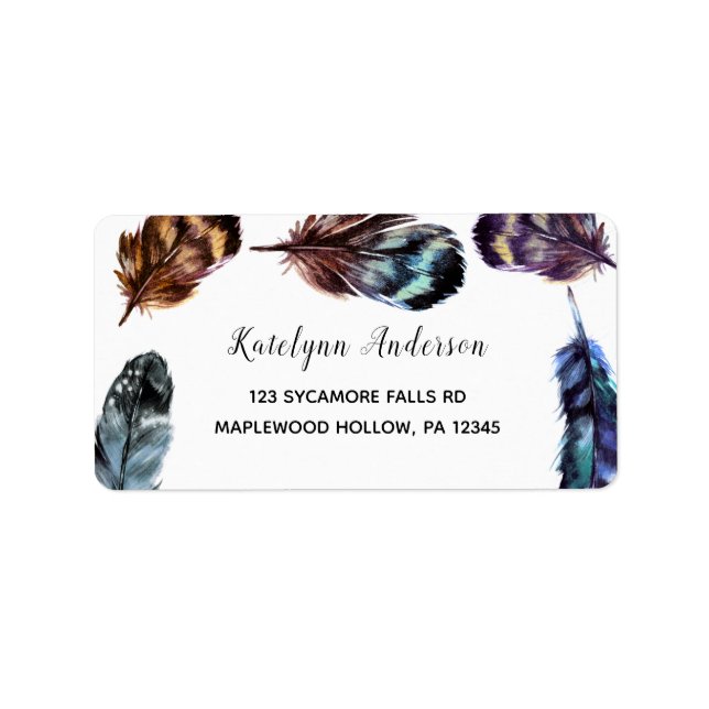 Boho Style Watercolor Feathers Return Address Label (Front)