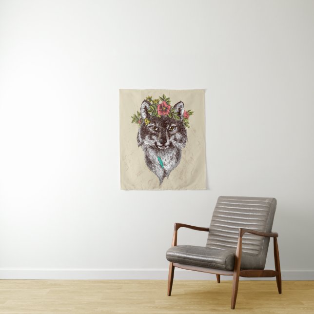 Boho Style Wolf Halo Portrait Tapestry (In Situ)