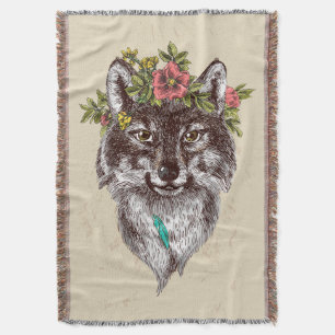 Boho Style Wolf Halo Portrait Throw Blanket