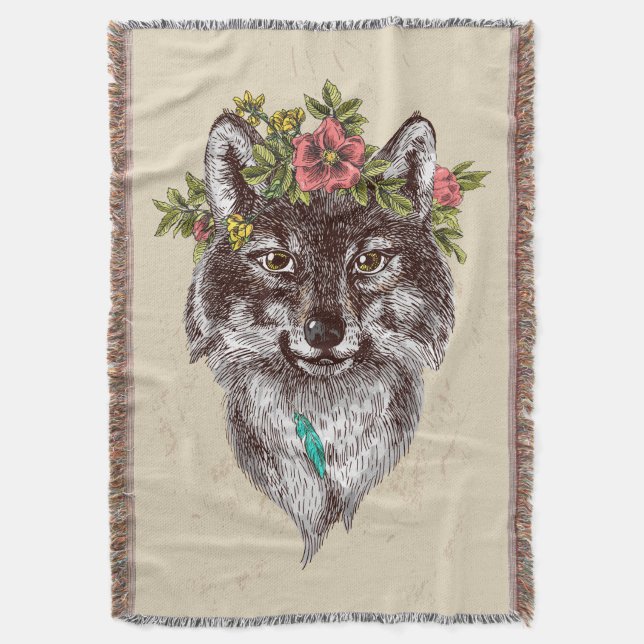 Boho Style Wolf Halo Portrait Throw Blanket (Front Vertical)