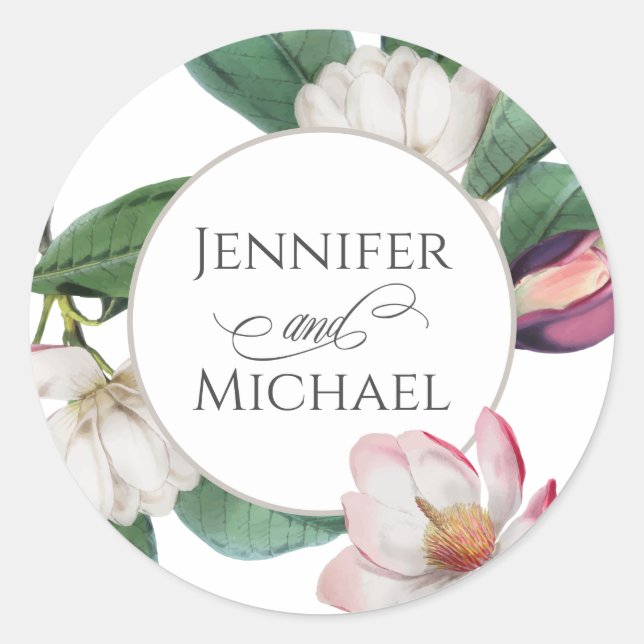 Boho Stylish Magnolia Floral Bride and Groom Classic Round Sticker (Front)