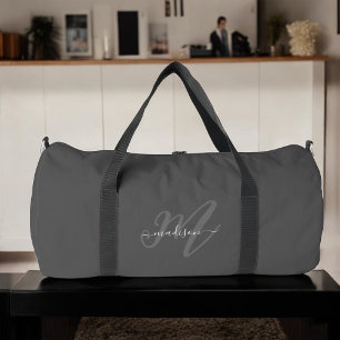 Boho Stylish Script Grey Name and Monogram Duffle Bag