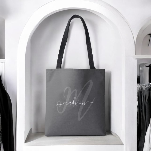Boho Stylish Script Monogram and Name in Grey Tote Bag (Creator Uploaded)