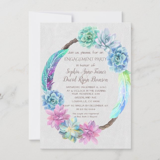 Boho Succulent Cactus Wreath Engagement Party Invitation (Front)