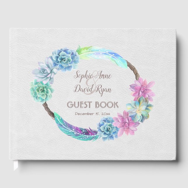 Boho Succulent Cactus Wreath Wedding Guest Book (Front)