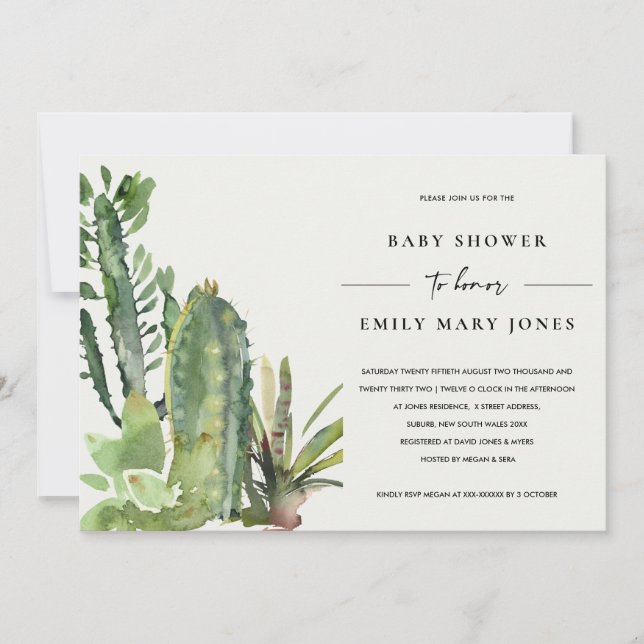 BOHO SUCCULENT DESERT CACTI FAUNA BABY SHOWER INVITATION (Front)