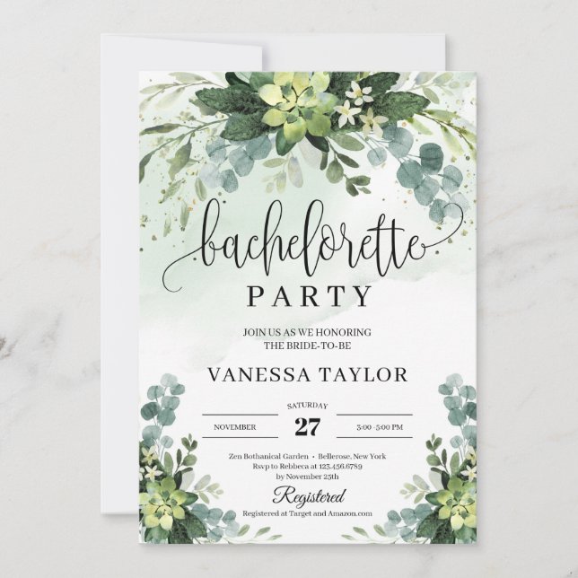 Boho succulent floral eucalyptus bachelorette invitation (Front)
