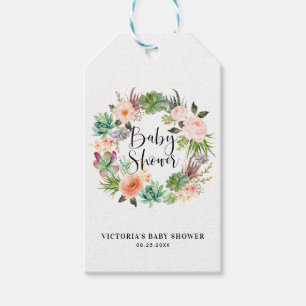 Boho Succulent Floral Wreath Baby Shower Thank You Gift Tags