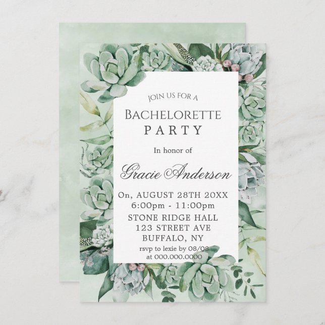 Boho Succulent Greenery Bachelorette  Party Invitation (Front/Back)