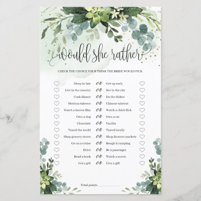 Boho succulent greenery boho Would she Rather game (Front)