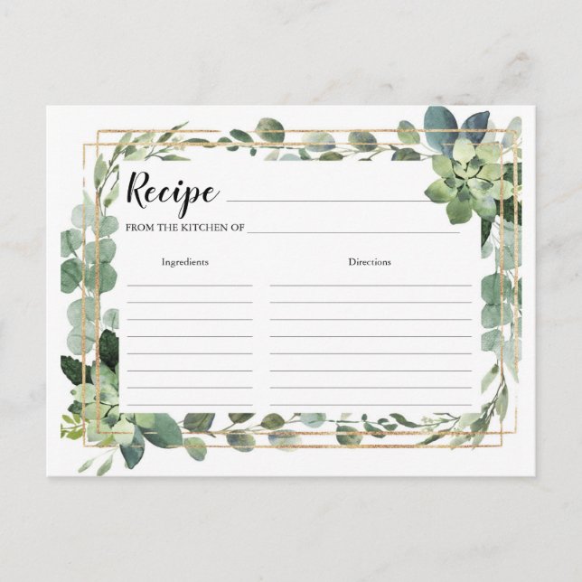 Boho succulent greenery recipe cards for bride (Front)
