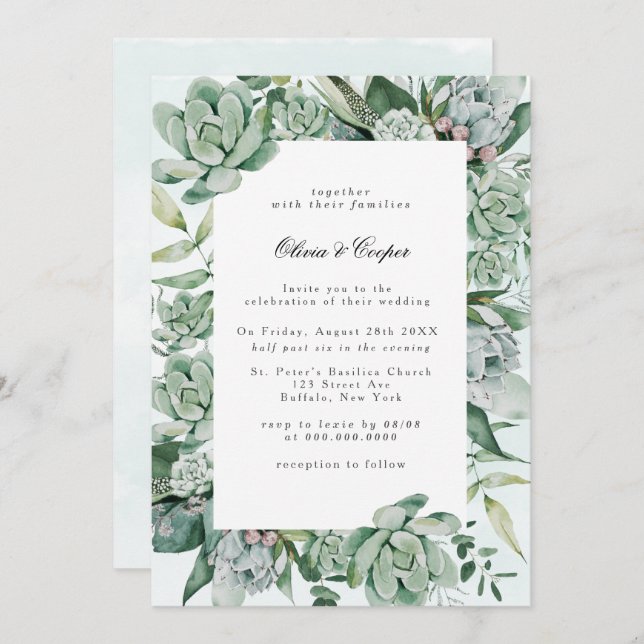 Boho Succulent Greenery Wedding Invitation (Front/Back)