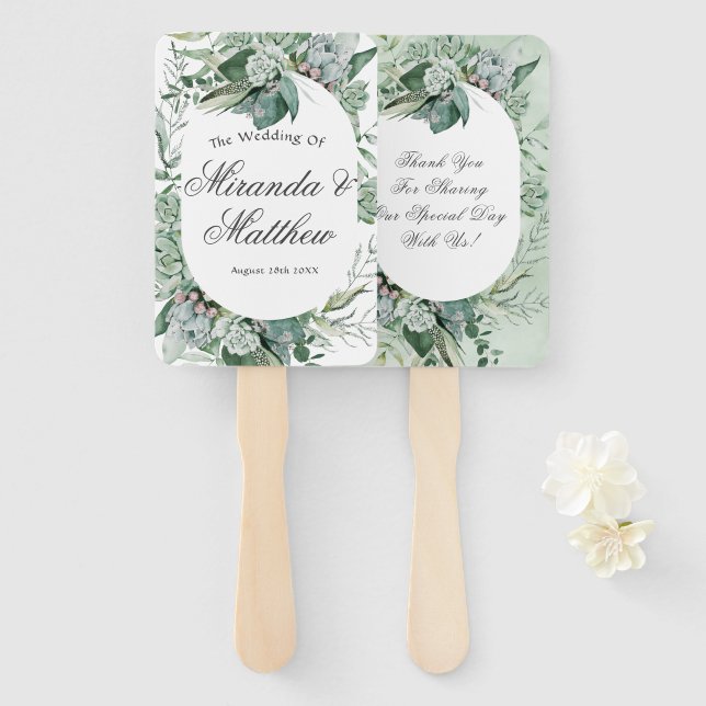 Boho Succulent Greenery Wedding Thank You Hand Fan (Front and Back)