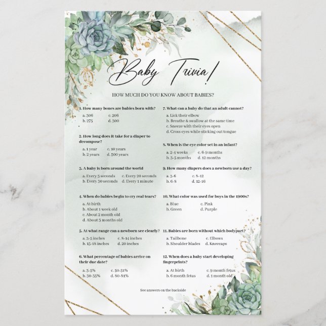 Boho succulents eucalyptus gold frame Baby trivia  (Front)