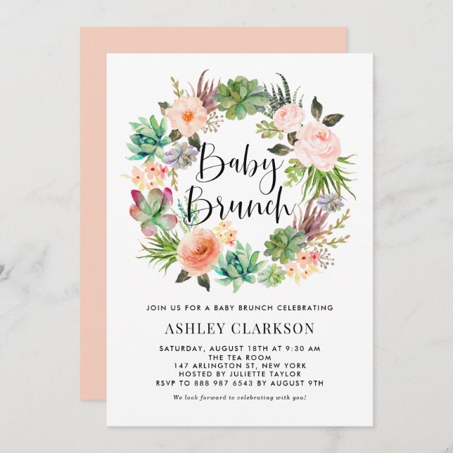 Boho Succulents Floral Wreath Baby Brunch Invitation (Front/Back)