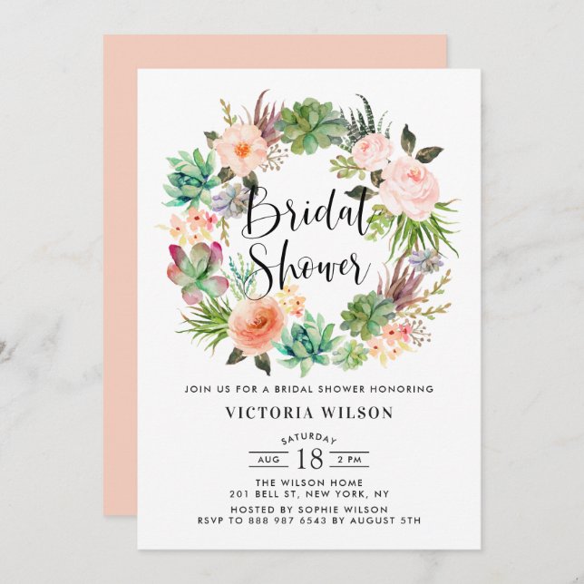 Boho Succulents Floral Wreath Bridal Shower Invitation (Front/Back)