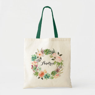 Boho Succulents Floral Wreath Bridesmaid Tote Bag